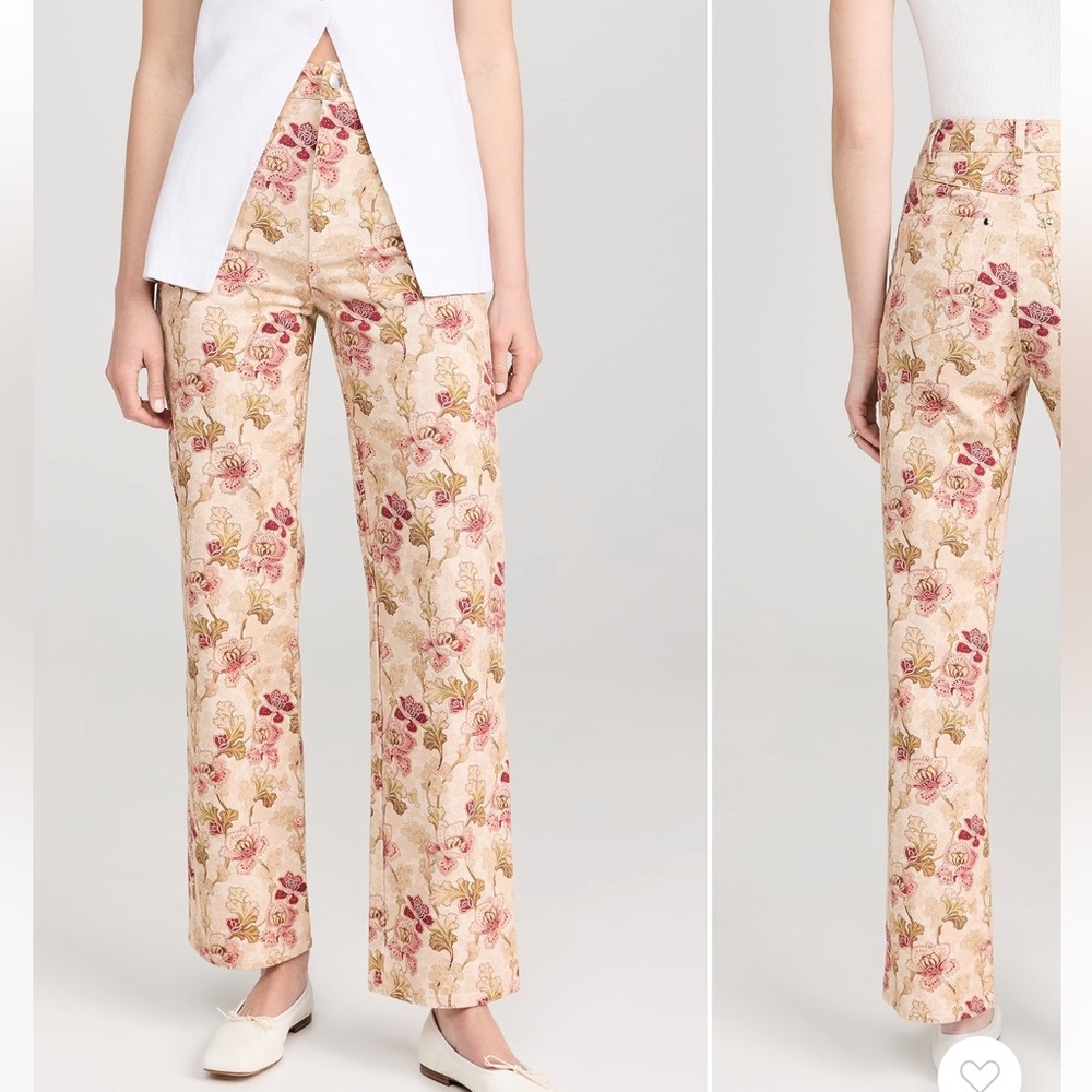 Floral Brocade Wide-Leg Pants - Pink/Beige